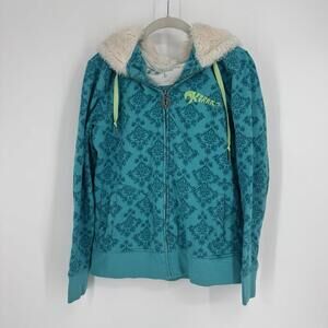 Vintage 90s Y2K Kirra hooded sweatshirt womens Large L teal faux fur full zip